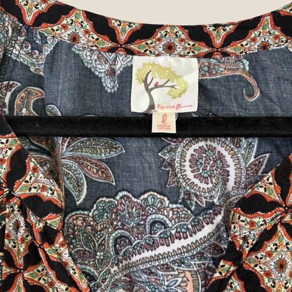 Fig & Flower Boho Pattern 3/4 Sleeve Quarter Button Puffed Sleeve Blouse Size L - Picture 3 of 10